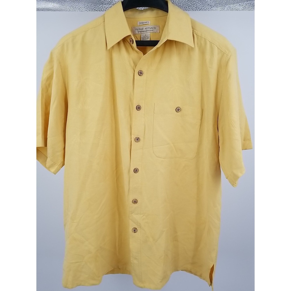 Silknosic Island‎ Republic Hawaiian Shirt Mens Floral Yellow Button Up M Medium